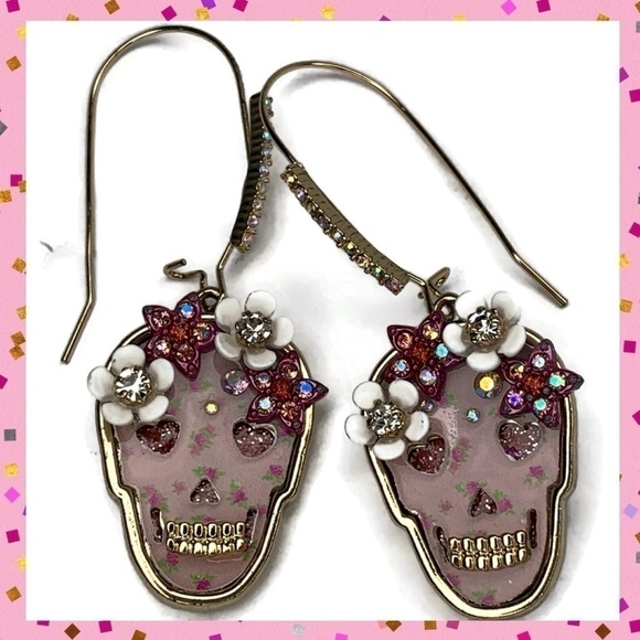 Betsey Johnson Sugar Skull Pink Earrings Halloween - Picture 4 of 8